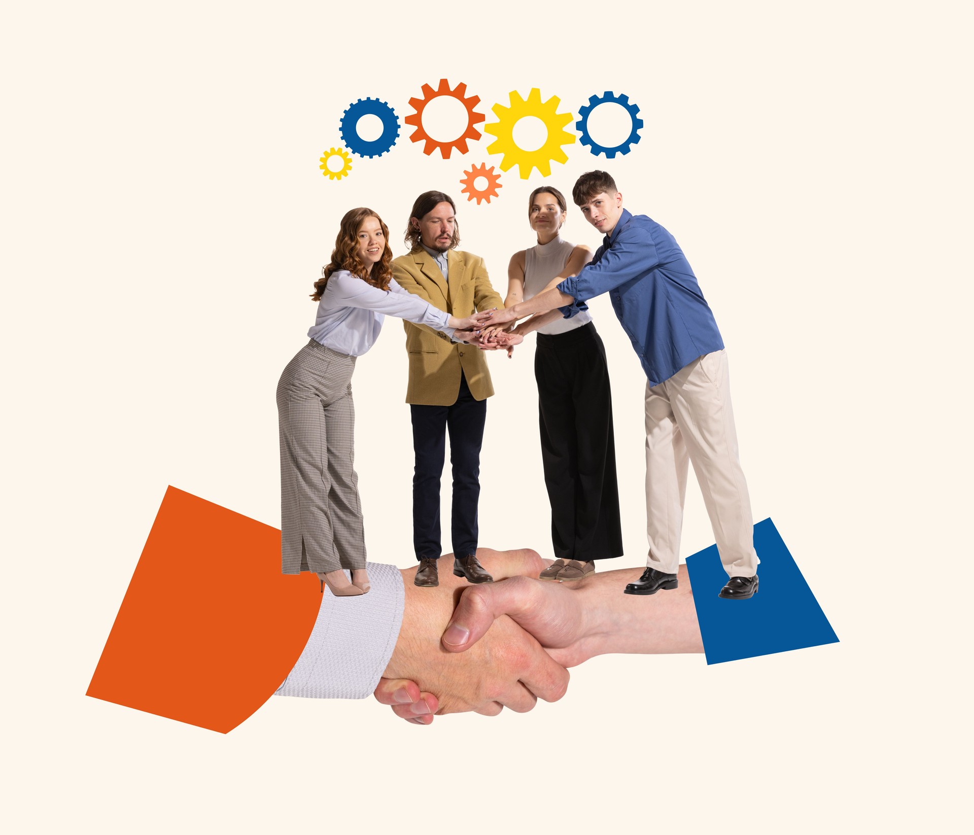 Contemporary art collage. Group of employees putting hands on hands symbolizing professional collaboration and teamwork
